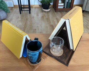 Cherry, Maple or Walnut Book Holder with Drink & Tablet Stand - Engraving Available
