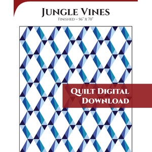 May include: A digital download pattern for a quilt called "Jungle Vines". The quilt is made of blue and white triangles and is 56 inches by 70 inches when finished. The pattern is fat quarter friendly and uses foundation paper piecing. Optional instructions for quick and easy piecing are also included.