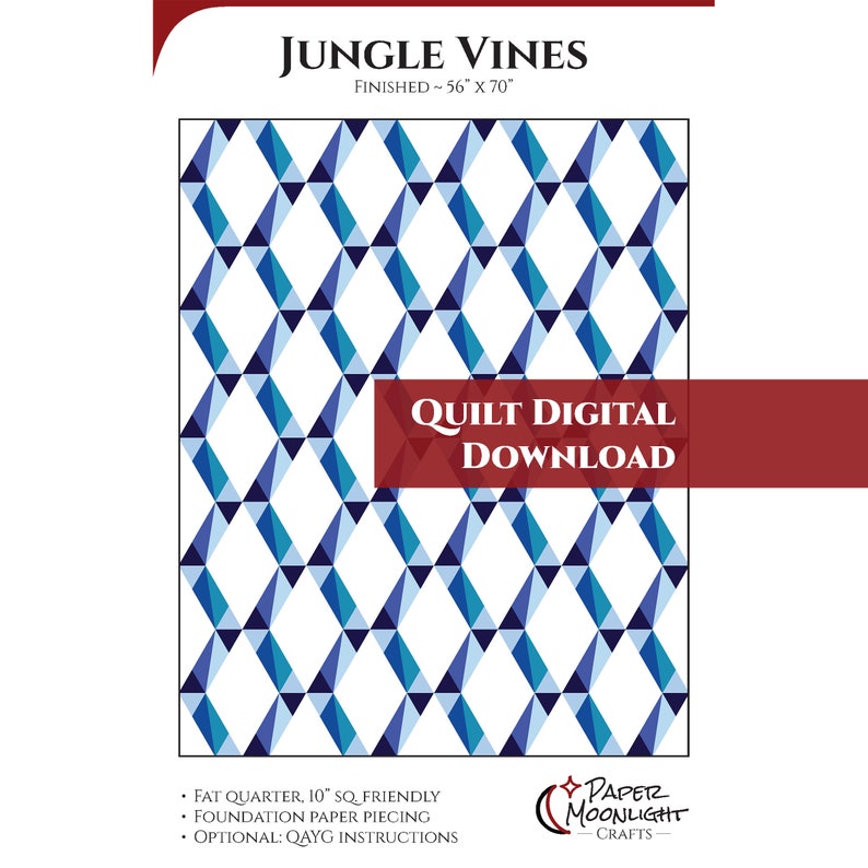 Digital Jungle Vines quilt foundation paper piecing downloadable pdf pattern Modern QAYG throw size blanket QD-QLT001-FP image 1