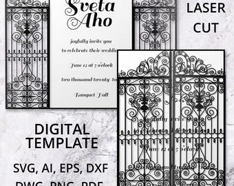 Può includere: Modello di invito di nozze nero tagliato al laser con disegni di cancelli ornati. L'invito include i nomi "Sveta Aho", i dettagli dell'evento e le opzioni di formato file: SVG, AI, EPS, DXF, DWG, PNG e PDF.