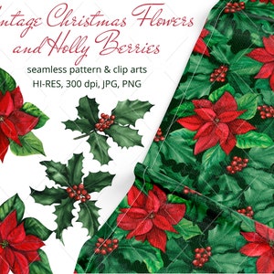 Vintage Christmas Flowers, Seamless Watercolor Pattern and Clip arts