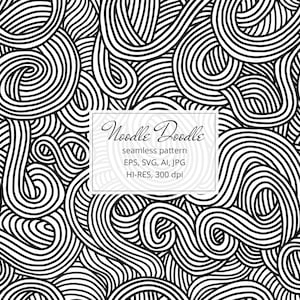 May include: Black and white seamless pattern of swirling lines resembling noodles. The text "Noodle Doodle" is in the center of the image with the words "seamless pattern", "EPS, SVG, AI, JPG", and "HI-RES, 300 dpi" below it.