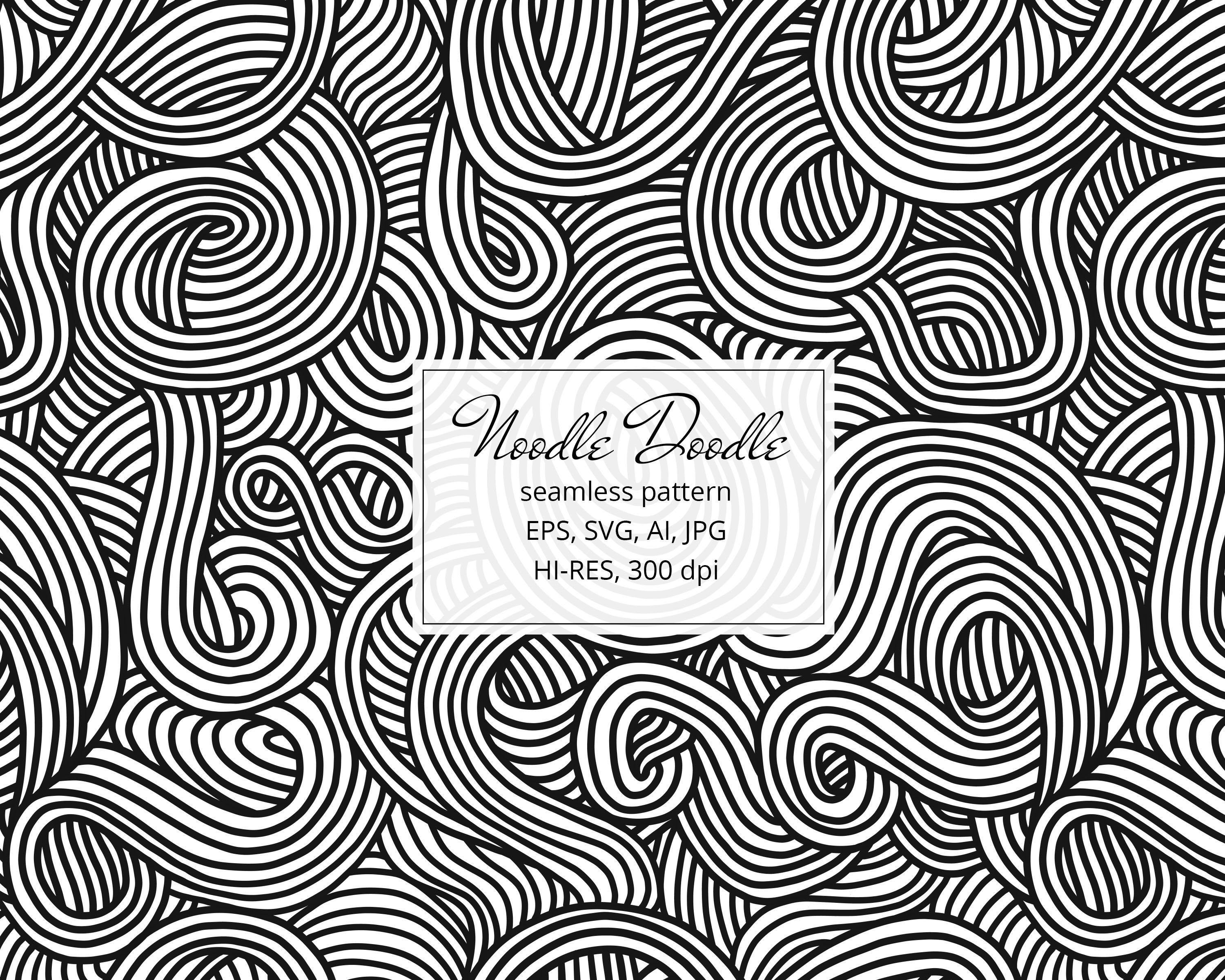 Noodle Doodle, Seamless Pattern in Black and White Colors, Vector and
