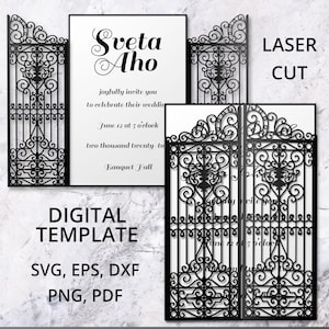 May include: A wedding invitation set featuring a black laser-cut gate design with intricate scrollwork. The invitation includes text reading Sveta Aho, joyfully invite you to celebrate their wedding, June 12 at 5 o'clock, two thousand twenty-two, Banquet Hall.