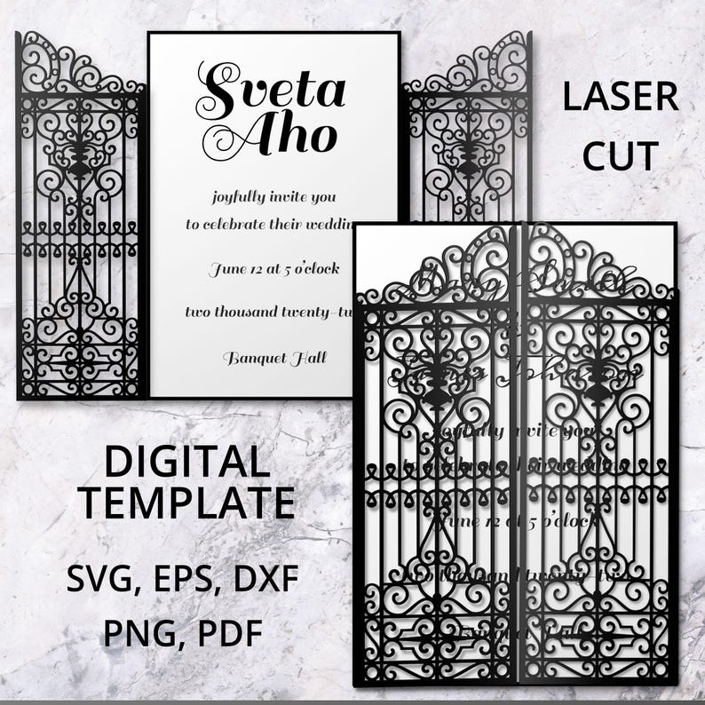 May include: A wedding invitation set featuring a black laser-cut gate design with intricate scrollwork. The invitation includes text reading Sveta Aho, joyfully invite you to celebrate their wedding, June 12 at 5 o'clock, two thousand twenty-two, Banquet Hall.