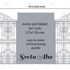 May include: A light gray tri-fold invitation card featuring intricate laser-cut gate designs on the side panels. The center panel displays the text: Invite size folded 5x7 inch 127x178 mm, easy to resize without losing quality, and Sveta Aho.
