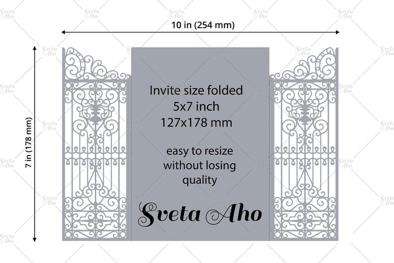 May include: A light gray tri-fold invitation card featuring intricate laser-cut gate designs on the side panels. The center panel displays the text: Invite size folded 5x7 inch 127x178 mm, easy to resize without losing quality, and Sveta Aho.