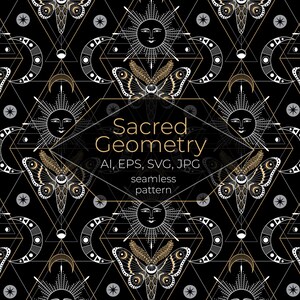 May include: A black and white seamless pattern featuring a geometric design with moths, suns, and moons. The text "Sacred Geometry" is in the center of the pattern. The text "AI, EPS, SVG, JPG seamless pattern" is below the text "Sacred Geometry".