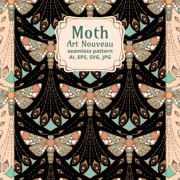 Moth Seamless Pattern in Art Nouveau Style, Vector and Raster Files