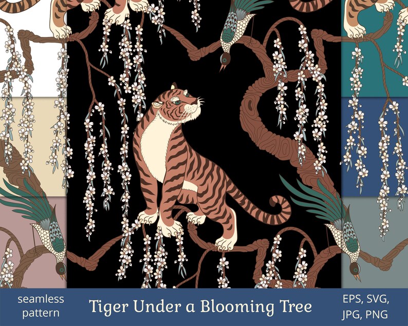 Tiger Bush Pattern Tiger Under a Flowering Tree, Seamless Vector Pattern - Etsy