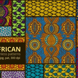 May include: A collection of colourful, geometric African-inspired seamless patterns. The patterns feature a variety of shapes, including circles, squares, and triangles, in a range of bright colours, including yellow, orange, red, blue, and green. The patterns are perfect for use in a variety of design projects, such as fabric, wallpaper, and packaging.