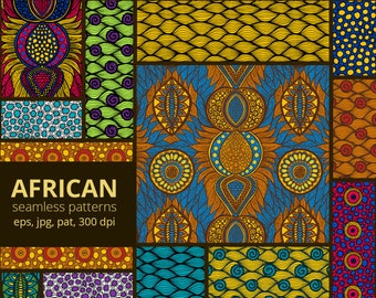 May include: A collection of colorful, geometric African-inspired seamless patterns. The patterns feature a variety of shapes, including circles, squares, and triangles, in a range of bright colors, including yellow, orange, red, blue, and green. The patterns are perfect for use in a variety of design projects, such as fabric, wallpaper, and packaging.