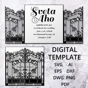 May include: A black and white digital template for a wedding invitation. The invitation features ornate gate designs and the text "Sveta Aho" with event details. The words "DIGITAL TEMPLATE" are also displayed.