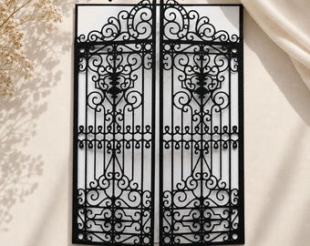 May include: A black digital template featuring a pair of ornate, symmetrical gates with intricate scrollwork and arched tops. The design includes the text Digital Template at the top and SVG EPS PNG PDF DXF at the bottom, presented on a white background.