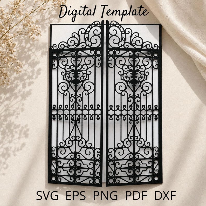 May include: A black digital template featuring a pair of ornate, symmetrical gates with intricate scrollwork and arched tops. The design includes the text Digital Template at the top and SVG EPS PNG PDF DXF at the bottom, presented on a white background.