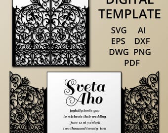 May include: A digital template for a wedding invitation featuring a black laser-cut gate design with intricate scrollwork. The text reads: DIGITAL TEMPLATE, SVG, AI, EPS, DXF, DWG, PNG, PDF, Sveta Aho, joyfully invite you to celebrate their wedding.