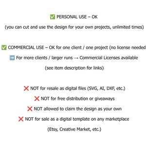 May include: A digital license information graphic with green checkmarks and red X symbols. Text includes: PERSONAL USE - OK, COMMERCIAL USE - OK for one client, For more clients, Commercial Licenses available, NOT for resale as digital files, NOT for free distribution, NOT allowed to claim the design as your own, NOT for sale as a digital template.