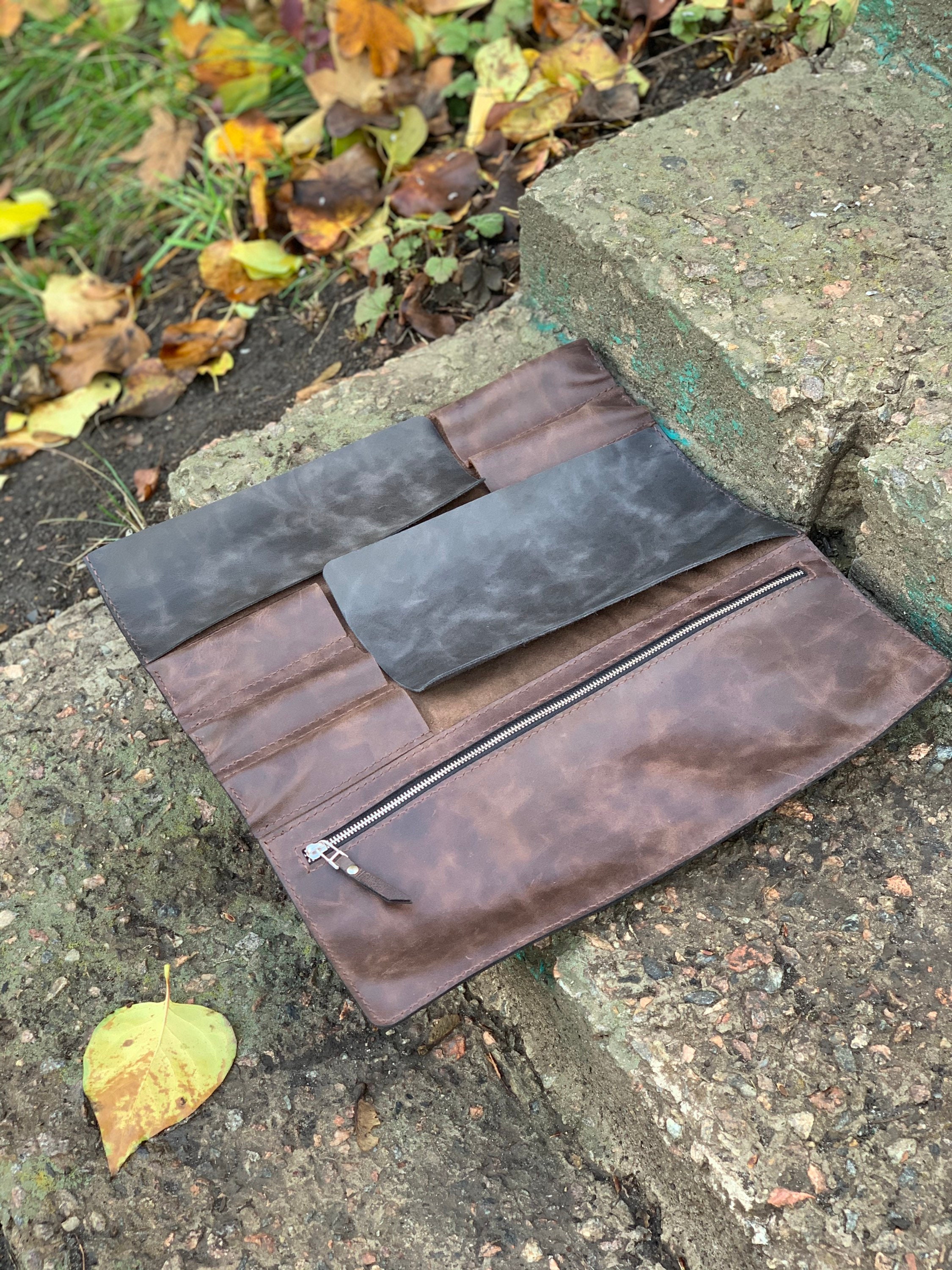 Brown leather chef knife bag for 5 knives Custom roll for Etsy