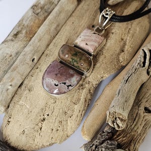 Sterling Silver 925 Necklace Pink Purple Brown Jasper Stone Pendant on Cord 16.5&quot;