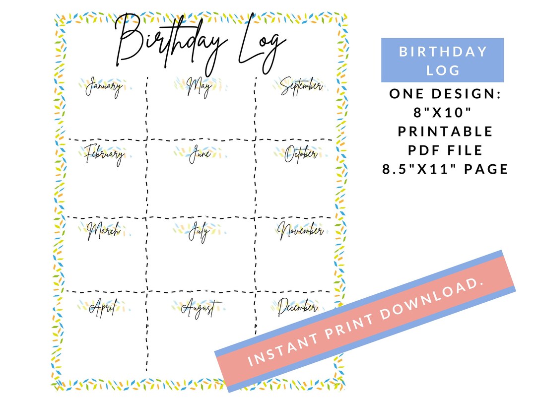 Birthday Tracker Digital Download Birthday Log Printable Birthday ...