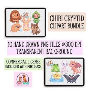 Chibi-Kryptiden-Clipart-Paket, 10 handgezeichnete PNGs (kommerzielle Nutzung), Sofort-Download
