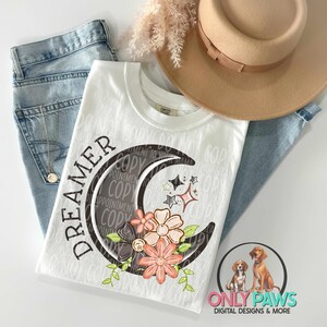 Dreamer PNG, Cottage Core Moon and Flowers, Digital Design for Sublimation, Instant Download
