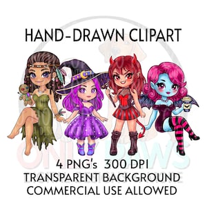 Halloween Chibi Witch Clipart Bundle - Cute Hand Drawn Voodoo, Devil, Vampire Girls PNG - 300 DPI Transparent - Digital Design