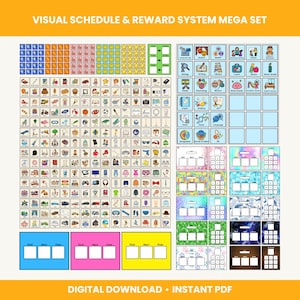 May include: A digital download titled "VISUAL SCHEDULE & REWARD SYSTEM MEGA SET" with various visual aids. The set includes picture cards, reward charts, and schedule templates. The text "DIGITAL DOWNLOAD • INSTANT PDF" is also visible.