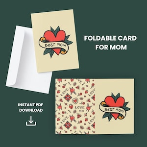 Carte imprimable Meilleure maman - voeux pliable style tatouage old school - cadeau de dernière minute pour maman - téléchargement PDF instantané - A6 / 4,1 x 5,8 pouces
