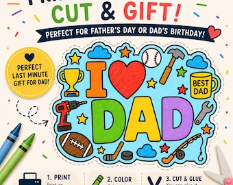 Father's Day Coloring Card | I Love Dad Printable Craft | Dad Birthday Card Activity | Color Cut & Glue Card | Kids DIY Gift Coloring Page