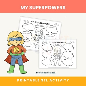 Hoja de trabajo sobre mis superpoderes, actividad de autoestima y aprendizaje socioemocional para niños, imprimible para fomentar la confianza, herramienta terapéutica en formato PDF.