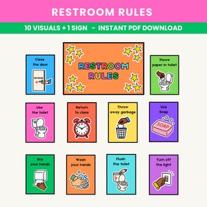 Op de afbeelding: Een set kleurrijke borden met toiletregels met illustraties en tekst. De borden bevatten instructies zoals "Sluit de deur", "Gebruik het toilet" en "Was je handen". Het bovenste bord luidt "TOILETRULES".