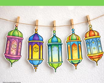 Lantern Coloring Pages Printable PDF | Eid Mubarak Kids Craft | Islamic Muslim Lantern Garland DIY | No Prep Classroom Activity
