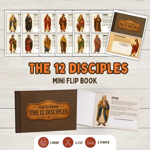 May include: A mini flip book titled "The 12 Disciples" with illustrations of the disciples. The cover is brown with a wooden sign design. The open book shows a page with text and an illustration of Peter. Instructions for printing, cutting, and stapling are at the bottom.