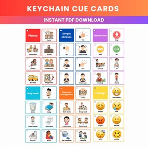 以下が含まれることがあります： 「KEYCHAIN CUE CARDS」と「INSTANT PDF DOWNLOAD」のテキストが入った、カラフルなキューカードのセットです。「Places」、「Simple phrases」、「Feelings」などのカテゴリーに分かれており、それぞれにイラストとテキストが対応しています。