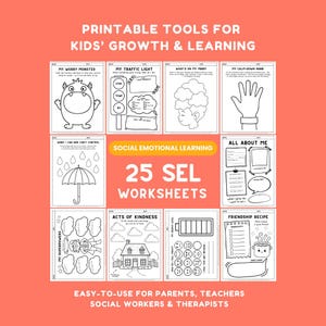 Paquete de 25 hojas de trabajo de aprendizaje socioemocional para niños / Actividades de aprendizaje socioemocional / Emociones, habilidades de afrontamiento, aula y asesoramiento imprimibles