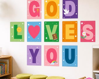 God Loves You Banner Printable | Christian Bulletin Board Letters | Sunday School Classroom Decor | Church Bulletin Board Kit | Kids Bible