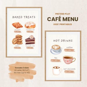 以下が含まれることがあります： ごっこ遊びカフェ用の、額装された2つの水彩画プリント。1つはクロワッサンやクッキーなどの焼き菓子を特徴としています。もう1つはコーヒーやホットチョコレートなどの温かい飲み物を表示しています。テキストは「PRETEND PLAY CAFÉ MENU KIDS' PRINTABLES」と書かれています。