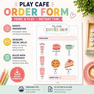 Pretend Play Coffee Shop Order Form | Kids Printable Café Menu | Dramatic Play Activity | Math & Role Play Game