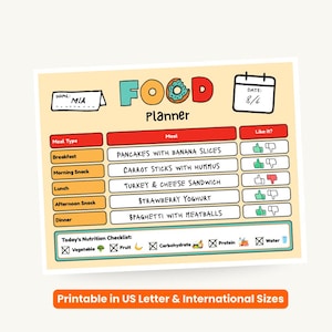 May include: A food planner with a light yellow background and a colorful design. The planner includes sections for meal types and meals, with a thumbs-up or thumbs-down option. The text "FOOD Planner" is at the top, and the date is 8/6.