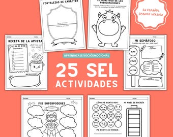 25 Spanish SEL Worksheets for Kids | Social Emotional Learning Activities in Spanish | Emotions, Coping Skills, Spanish Classroom Printable