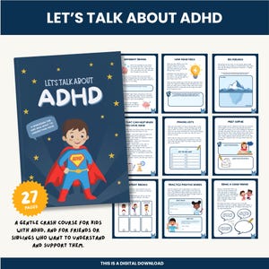 Könnte beinhalten: Ein digitales Arbeitsbuch mit dem Titel "Let's Talk About ADHD" mit 27 Seiten. Das Cover zeigt einen Cartoon-Superhelden-Jungen. Das Arbeitsbuch ist für Kinder, Freunde und Geschwister konzipiert, um ADHS zu verstehen und zu unterstützen.