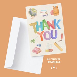Carte imprimable de remerciement pour le professeur - Carte pliable sur le thème de l'école pour les enfants - Cadeau de fin d'année - PDF instantané - Imprimez à la maison