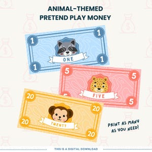 Animal-Themed Pretend Play Money – Printable Bills for Kids – Learning about money – Role play – Play Shops, Cafés, Markets, Shopping