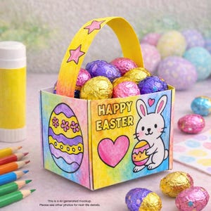 May include: A vibrant, hand-drawn Easter basket filled with chocolate eggs in gold, pink, and purple foil. The basket has a yellow handle with star decorations and a cartoon bunny. The words "HAPPY EASTER" are visible.