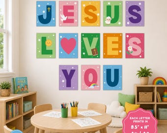 Jesus Loves You Banner Printable | Christian Bulletin Board Letters | Sunday School Classroom Decor | Church Bulletin Board Kit | Kids Bible