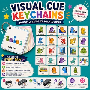 May include: Visual Cue Keychains with 30 helpful cards for daily routines. The cards feature colourful dinosaur illustrations for various activities like "Sit on Chair," "Eat," and "Listen." The set includes instructions for printing, laminating, and creating keychains.