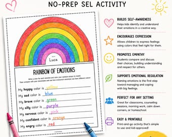 Rainbow of Emotions SEL Activity for Kids | Feelings Worksheet Printable | Social Emotional Learning Activity | School Counseling PDF
