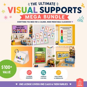 May include: A vibrant collection of classroom visual aids, including posters, cards, and an emotion regulation thermometer. The image features the text "Visual Supports Mega Bundle" and "Who Can I Work With?"