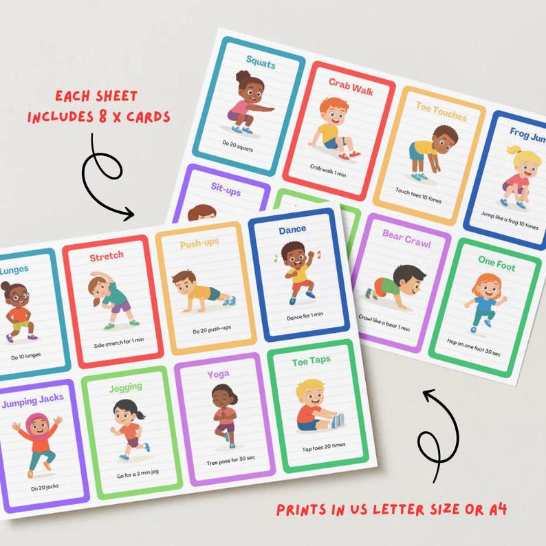 Printable movement break cards for kids – set of 16 exercise flashcards featuring fun activities like squats, crab walk, yoga, toe taps, sit-ups, lunges, and more. Perfect for classrooms, homeschool, therapy, and brain breaks to help children stay active and focused. Digital PDF download, easy to print and laminate. Ideal for teachers, parents, and therapists looking for no-equipment physical activity ideas.